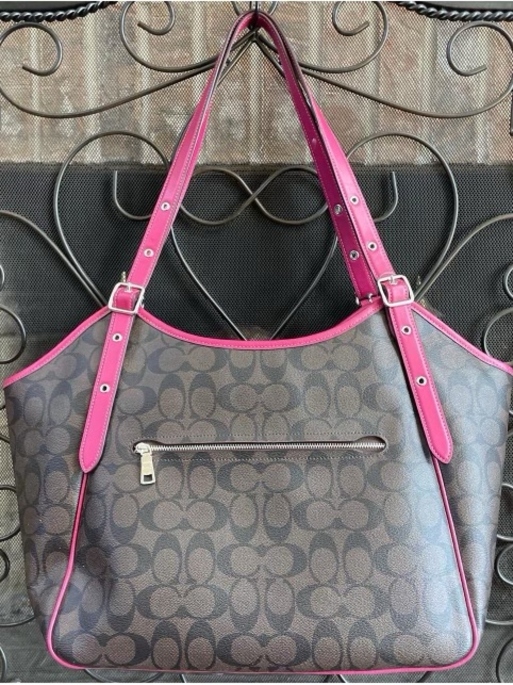 NWT Coach Brown Signature Tote with Pink Trim